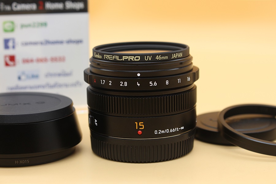 ขาย Lens Panasonic LEICA DG SUMMILUX 15mm F1.7 ASPH (สีดำ) สภาพสวยใหม่มาก อดีตประกันศูนย์ ไร้ฝ้า รา พร้อม Filter   อุปกรณ์และรายละเอียดของสินค้า 1.Lens Pan